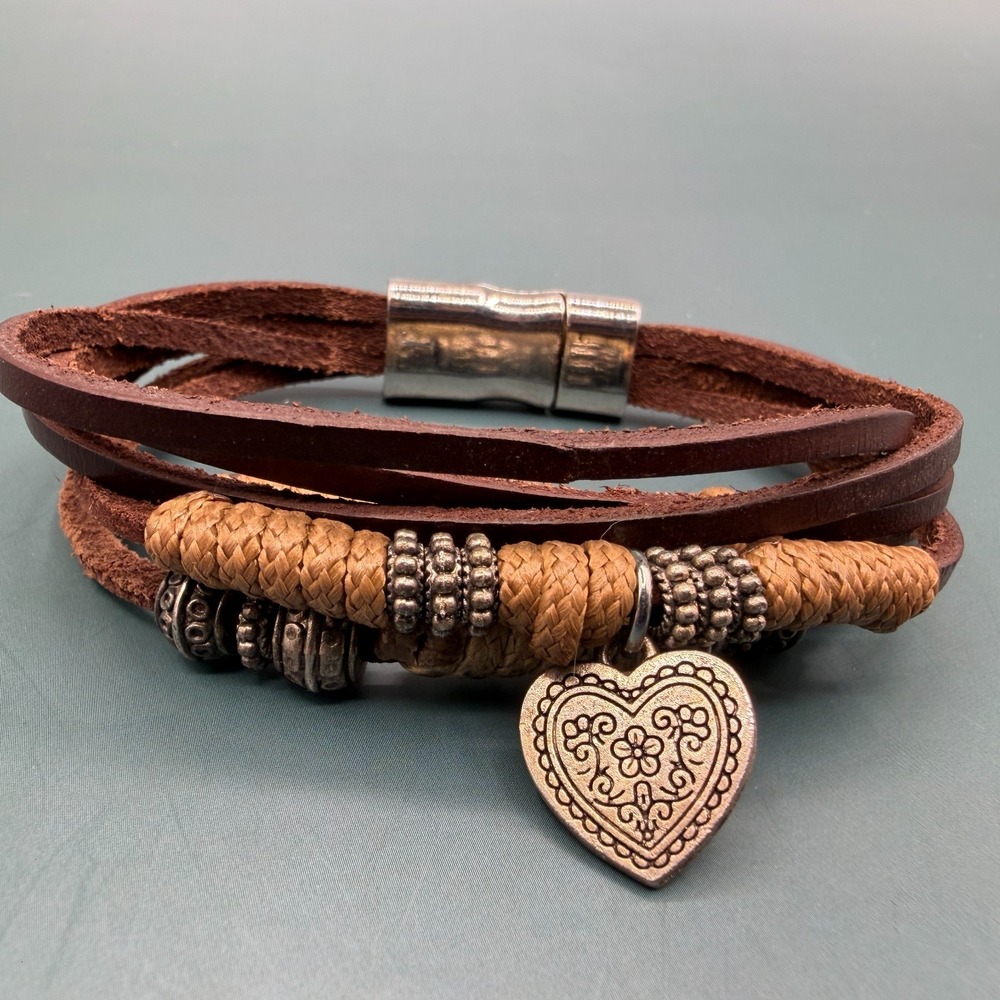 Brown Leather Wrap Cuff Bracelet Heart Charm Braided Boho Multi Strand Vintage
